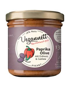 Bio Paprika-Olive mit 18 Prozent Cashew- und Erdnussmus 135g - Vegan - Glutenfrei und Laktosefreier Aufstrich von Vegannett